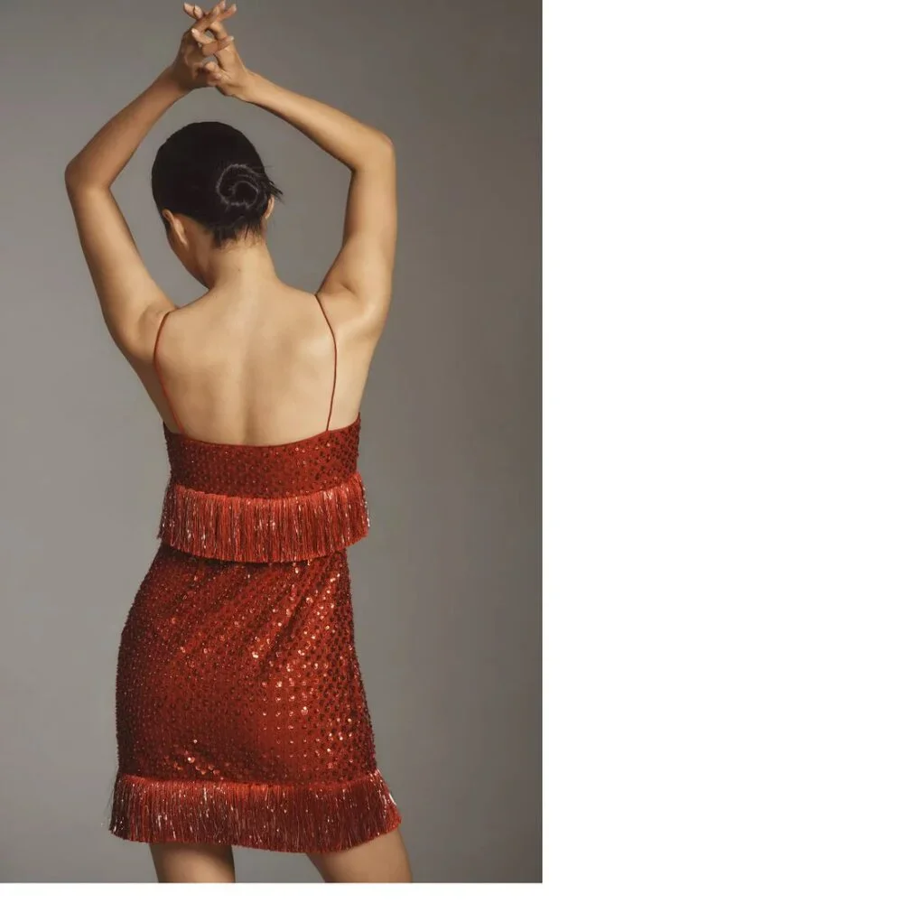 Anthropologie Saylor Caitriona Sequin Fringe Mini Dress XS new nwt red - Picture 5 of 7